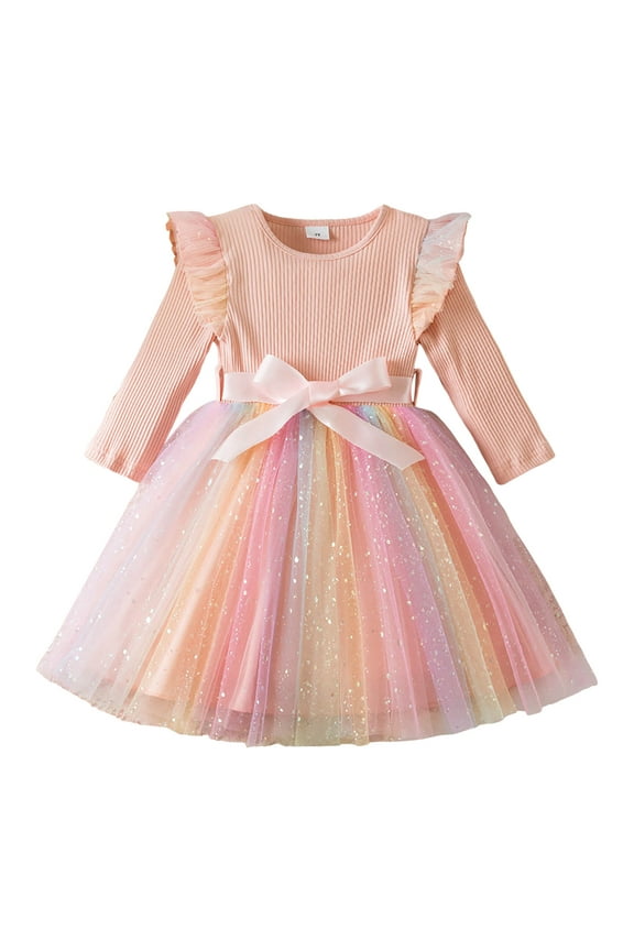 Spring Dresses for Girls 7/8 Toddler Girls Tutu Dress Princess Tiered Tulle Long Sleeve Bowknot Birthday Party Dresses