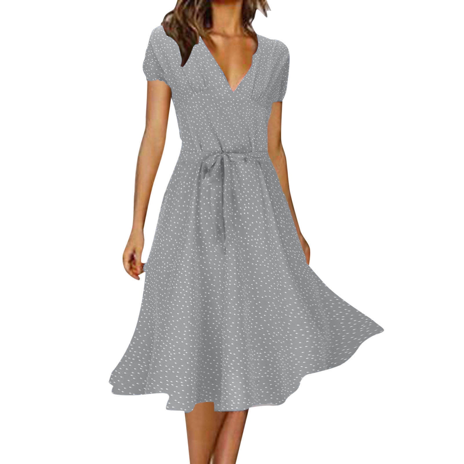 Spring Dresses for Women 2024 Casual Summer V Neck Solid Color Polka