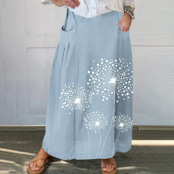 Spring Dresses for Women 2025 Viikei Womens Skirts Summer,Women's Printed Elastic Waistband Pleated Pocket Skirt With Mid Calf Skirt Blue XL