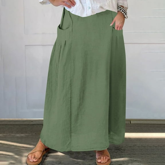 Spring Dresses for Women 2025 Viikei Womens Skirts Summer,Women's Printed Elastic Waistband Pleated Pocket Skirt With Mid Calf Skirt Green S