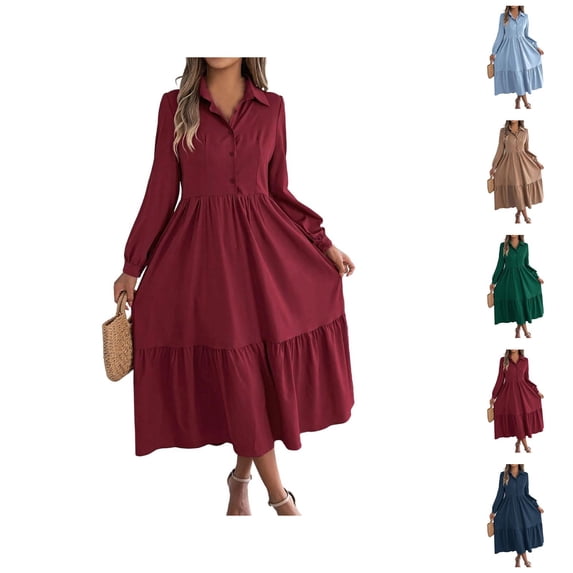 Spring Dresses for Women 2026 Trendy Long Sleeve Button Down Collared Ruffle Hem A Line Flowy Long Dress