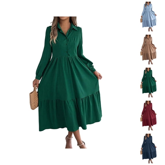 Spring Dresses for Women 2026 Trendy Long Sleeve Button Down Collared Ruffle Hem A Line Flowy Long Dress