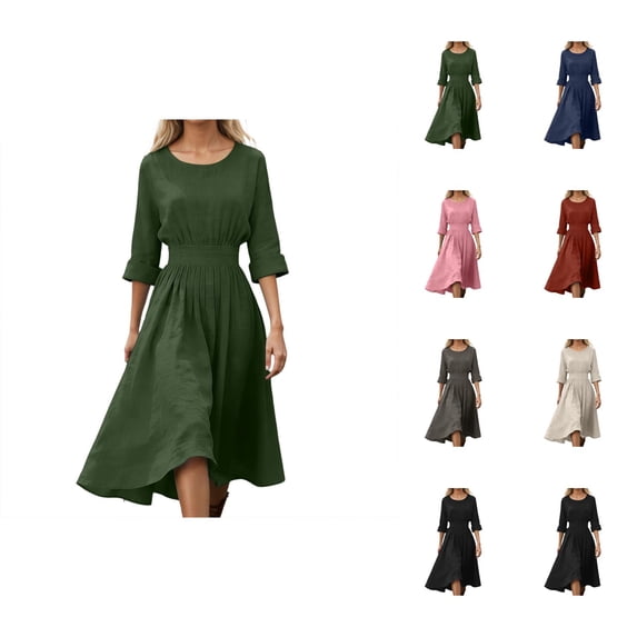 Spring Dresses for Women Cotton Linen Long Sleeve Crewneck A Line Flowy Maxi Dress Beach Vacation Dress Sundresses
