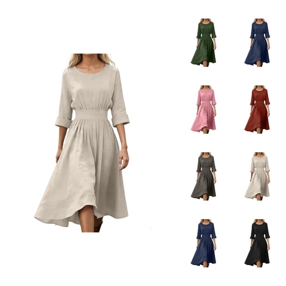 Spring Dresses for Women Cotton Linen Long Sleeve Crewneck A Line Flowy Maxi Dress Beach Vacation Dress Sundresses