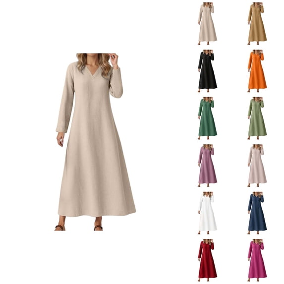 Spring Dresses for Women Cotton Linen Long Sleeve V Neck Loose Flowy Maxi Dress Beach Vacation Dress