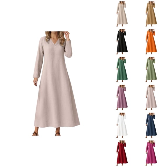 Spring Dresses for Women Cotton Linen Long Sleeve V Neck Loose Flowy Maxi Dress Beach Vacation Dress