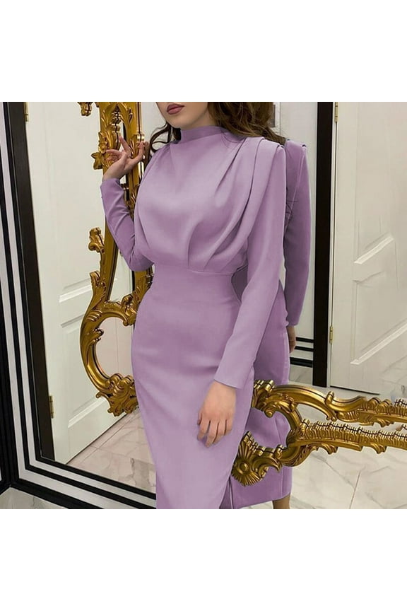 Spring Dresses for Women Fashion 2025 Long Sleeve Elegant Mock Neck Bodycon Party Business Casual Dress Stretchy (3XL, Purple)