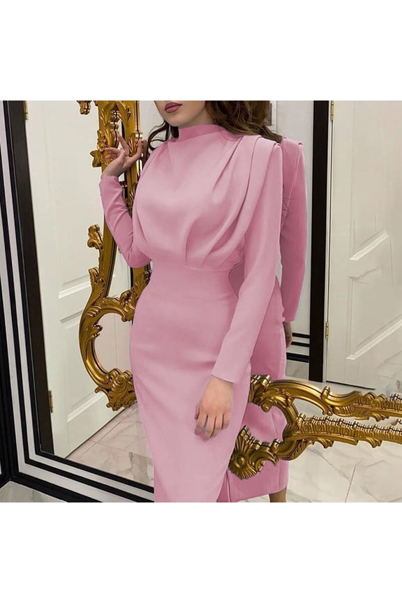 Spring Dresses for Women Fashion 2025 Long Sleeve Elegant Mock Neck Bodycon Party Business Casual Dress Stretchy (M, Pink)