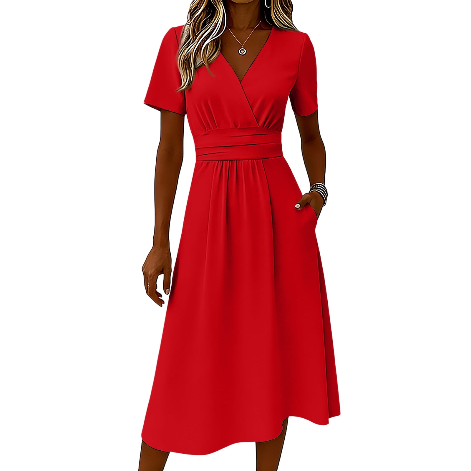 Spring Dresses for Women V-Neck A-Line Swing Knee Length Wrap Dress ...