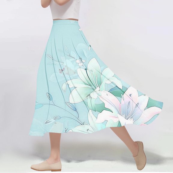Spring Dresses for Women Viikei Women's A-line Skirt with Pockets,Women's Casual Flowers Printed A-line Elastic Waist Skirt Light Blue S