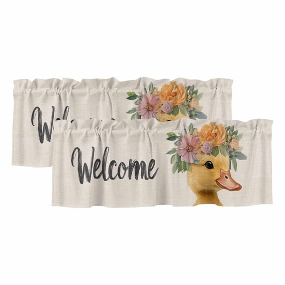 Spring Duck Curtain Valances for Windows, Kitchen Valance Window Treatments Panel 2 Pack, Botanical Blossom Motif Country Florals Rod Pocket Short Curtains for Bathroom Bedroom 54 x 18 Inch