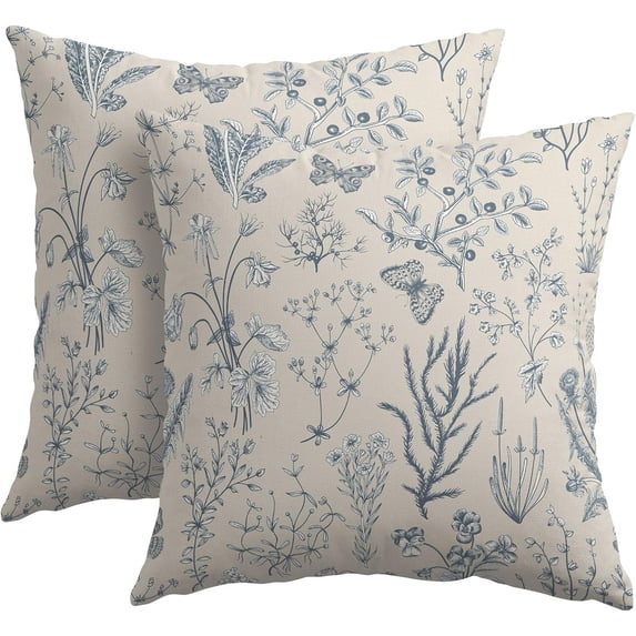Spring Dusty Blue Wild Flower Plant Pillow Covers 20X20 Inch Vintage Floral Gray Herbs Botanical Butterfly Decorative Pillow Cases Set of 2 Farmhouse Throw Pillows for Sofa Couch