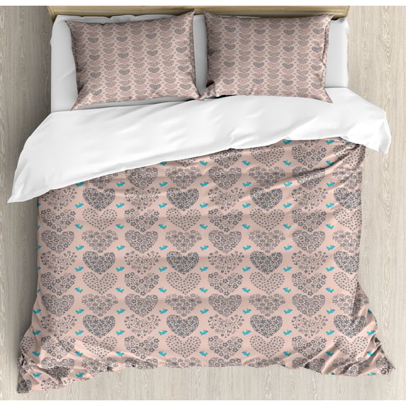 Spring Duvet Cover Set, Birds and Floral Hearts Spreading Fresh Vibes, Decorative 3 Piece Bedding Set with 2 Pillow Shams, King Size, Pale Salmon Sky Blue, by Ambesonne