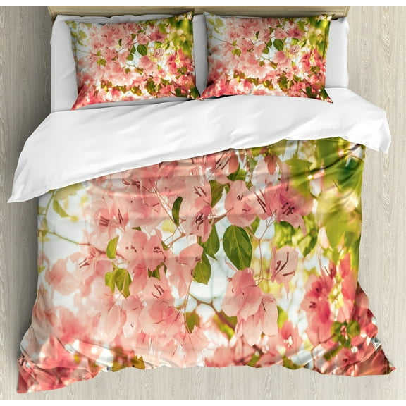 Spring Duvet Cover Set, Bougainvillea Flowers Branches in Sunny Summer Blossoms Nature Park View, Decorative 3 Piece Bedding Set with 2 Pillow Shams, Calking Size, Pale Pink Olive Green, by Ambesonne