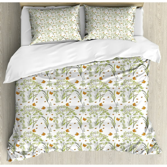Spring Duvet Cover Set, Butterflies Flying Flower Field Shabby Seasonal Flourish Pastel Petals, Decorative 3 Piece Bedding Set with 2 Pillow Shams, Queen Size, Pale Green Dark Orange, by Ambesonne