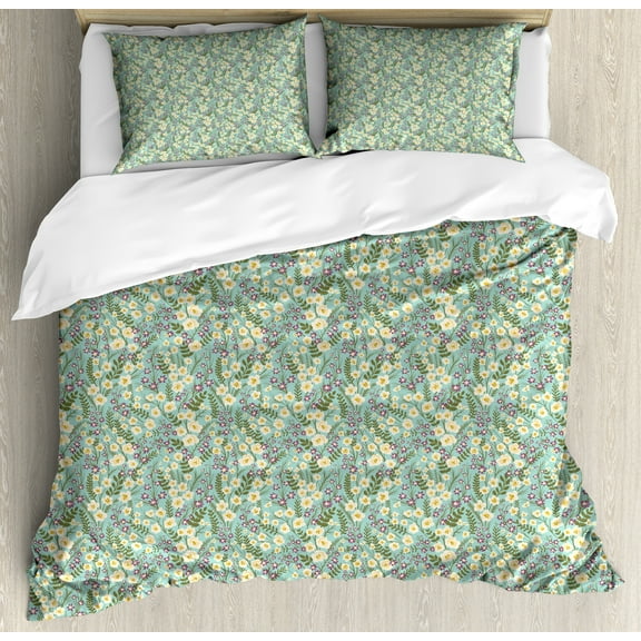 Spring Duvet Cover Set, Continuous Floral Pattern Meadow Flowers and Herbs Romantic Nature Print, Decorative 3 Piece Bedding Set with 2 Pillow Shams, King Size, Seafoam and Multicolor, by Ambesonne