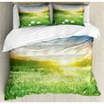 thumbnail image 1 of Spring Duvet Cover Set, Dandelion Flower Field Meadow Rural Grass Vivid Sunset Clouds Idyllic Image, Decorative 3 Piece Bedding Set with 2 Pillow Shams, Calking Size, Lime Green Blue, by Ambesonne, 1 of 3