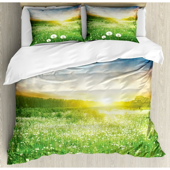 Spring Duvet Cover Set, Dandelion Flower Field Meadow Rural Grass Vivid Sunset Clouds Idyllic Image, Decorative 3 Piece Bedding Set with 2 Pillow Shams, Calking Size, Lime Green Blue, by Ambesonne