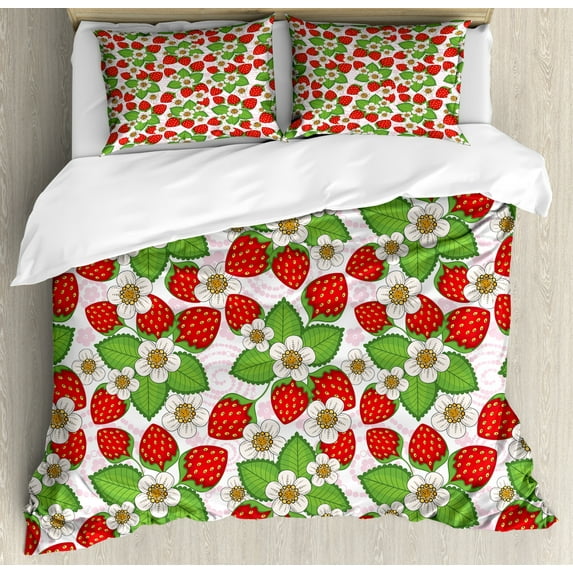 Spring Duvet Cover Set, Floral Pattern with Strawberries Flowers and Leaf Season Inspirational Design, Decorative 3 Piece Bedding Set with 2 Pillow Shams, Queen Size, Green Red, by Ambesonne