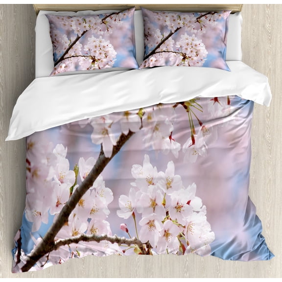 Spring Duvet Cover Set, Floral Tree Branches Cherry Blossoming Petals Buds Flourishing Natural Landscape, Decorative 3 Piece Bedding Set with 2 Pillow Shams, King Size, Pale Pink, by Ambesonne
