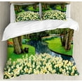 thumbnail image 1 of Spring Duvet Cover Set, Flower Garden in Recreation Park with Fresh Grass Field and Pond Nature Scene, Decorative 3 Piece Bedding Set with 2 Pillow Shams, King Size, Green and Brown, by Ambesonne, 1 of 3