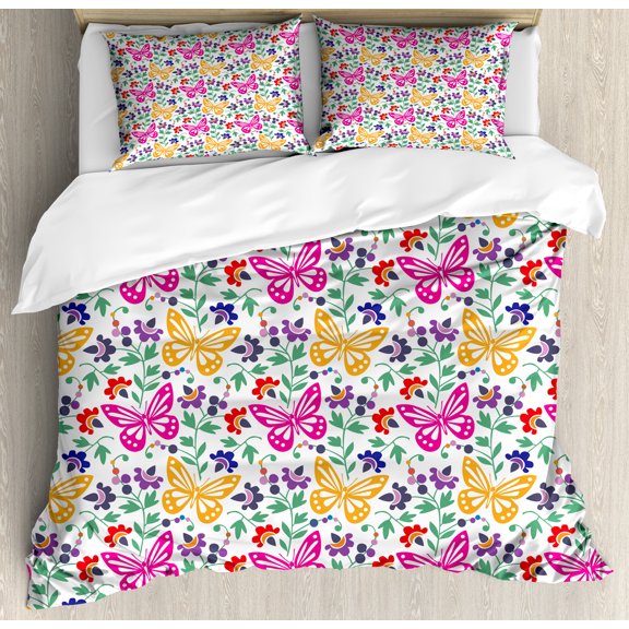 Spring Duvet Cover Set, Flowers Butterflies Plants Vibrant Summer Blooms Leaves Nature Wings Design, Decorative 3 Piece Bedding Set with 2 Pillow Shams, Queen Size, Multicolor, by Ambesonne