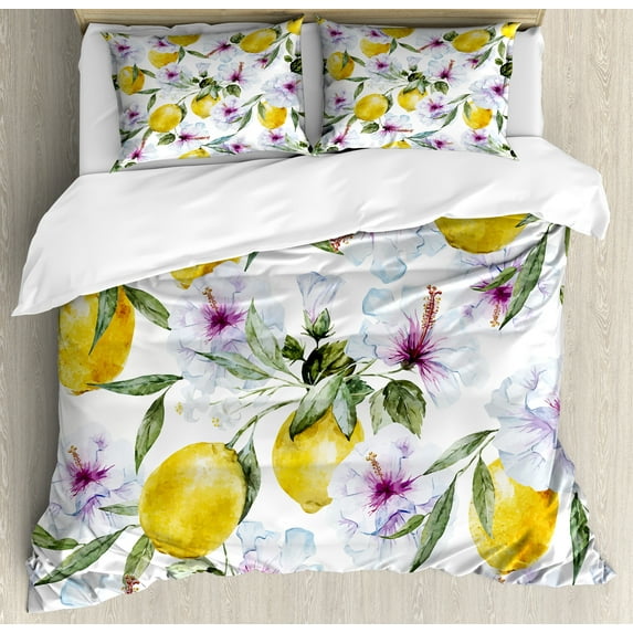 Spring Duvet Cover Set, Flowers Lemons Essence Refreshing Agriculture Harvest Aroma Organic Watercolor Art, Decorative 3 Piece Bedding Set with 2 Pillow Shams, Queen Size, Multicolor, by Ambesonne