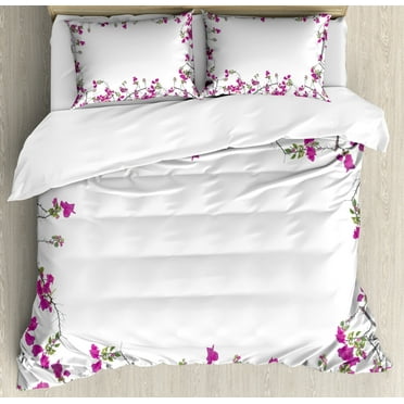 Spring Duvet Cover Set, Fuchsia Tones Blossoming Branches Vintage Print of Floral Design Retro, Decorative 3 Piece Bedding Set with 2 Pillow Shams, King Size, Taupe Grey Magenta White, by Ambesonne