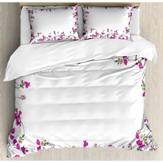 Spring Duvet Cover Set, Fuchsia Tones Blossoming Branches Vintage Print of Floral Design Retro, Decorative 3 Piece Bedding Set with 2 Pillow Shams, King Size, Taupe Grey Magenta White, by Ambesonne