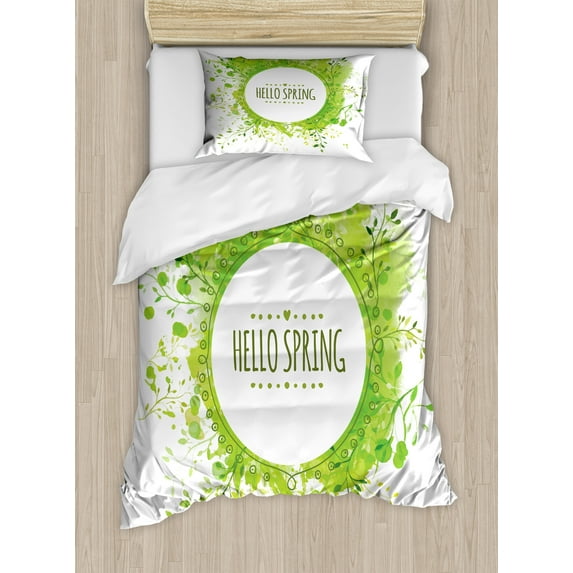 Spring Duvet Cover Set, Hello Spring Green Leaves Corolla Watercolor Style Print on Plain Backdrop, Decorative 2 Piece Bedding Set with 1 Pillow Shams, Twin Size, White and Lime Green, by Ambesonne