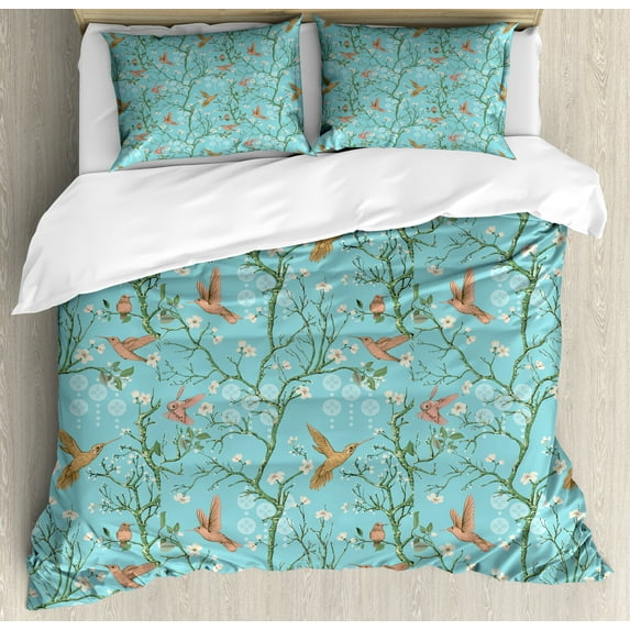 Spring Duvet Cover Set, Hummingbirds on Flourishing Tree Branches Retro Style Summer Pattern, Decorative 3 Piece Bedding Set with 2 Pillow Shams, King Size, Sky Blue and Burnt Sienna, by Ambesonne