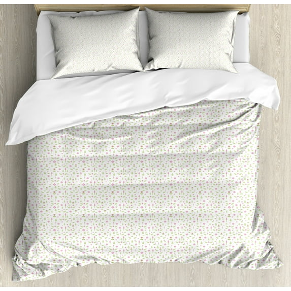 Spring Duvet Cover Set King Size, Repetitive Pattern with Garden Nature Floral and Botanical Items, Decorative 3 Piece Bedding Set with 2 Pillow Shams, Apple Green Pale Pink, by Ambesonne