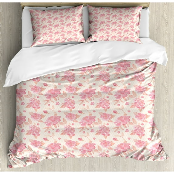 Spring Duvet Cover Set King Size, Watercolor Cottage Flowers on Polka Dotted Pale Colored Background Nature, Decorative 3 Piece Bedding Set with 2 Pillow Shams, Pink Peach and Cream, by Ambesonne