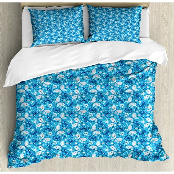 Spring Duvet Cover Set, Nature Design Butterflies and Flowers Pattern, Decorative 3 Piece Bedding Set with 2 Pillow Shams, Queen Size, Azure Blue Coral, by Ambesonne
