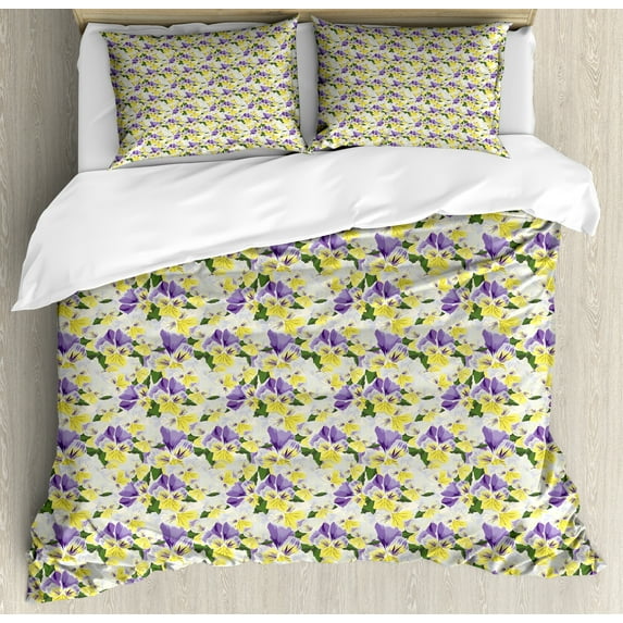 Spring Duvet Cover Set, Pansy Flowers Shabby Bouquets Perennial Garden Flora Mothers Day Motif, Decorative 3 Piece Bedding Set with 2 Pillow Shams, Calking Size, Green Violet and Yellow, by Ambesonne