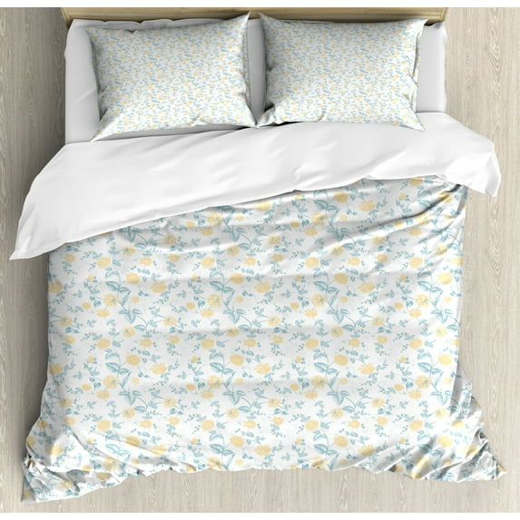 Spring Duvet Cover Set Queen Size, Blooming Romantic Roses with Lush Foliage on Swirling Branches, Decorative 3 Piece Bedding Set with 2 Pillow Shams, Pale Blue Pale Yellow White, by Ambesonne