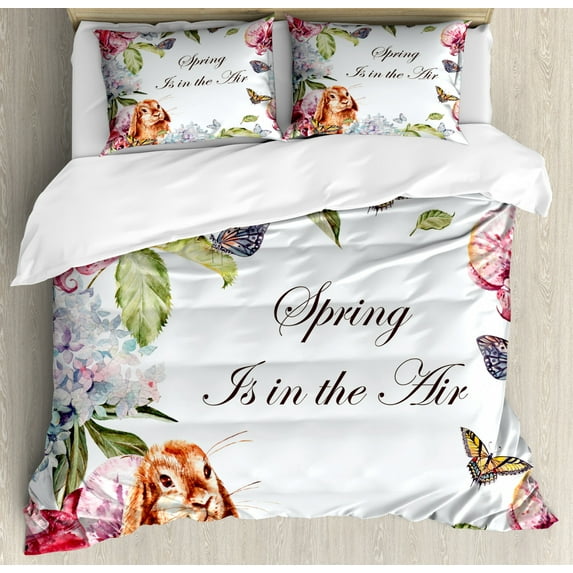 Spring Duvet Cover Set Queen Size, Hyacintha Flowers Rabbits Orchid Butterfly Leaves Botany Bouquet Watercolor Art, Decorative 3 Piece Bedding Set with 2 Pillow Shams, Multicolor, by Ambesonne