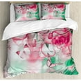 thumbnail image 1 of Spring Duvet Cover Set, Refreshing Rose Petals and Butterfly Water Romance Beauty Bouquet Design, Decorative 3 Piece Bedding Set with 2 Pillow Shams, Queen Size, Jade Green Pale Pink, by Ambesonne, 1 of 3