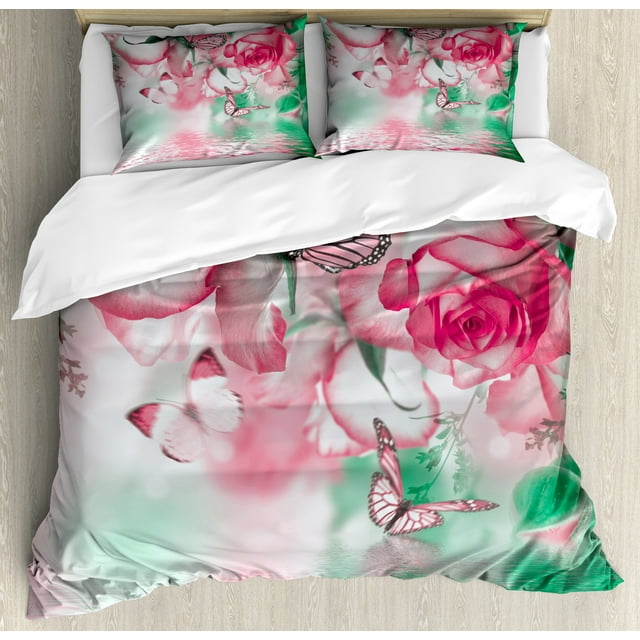 Spring Duvet Cover Set, Refreshing Rose Petals and Butterfly Water Romance Beauty Bouquet Design, Decorative 3 Piece Bedding Set with 2 Pillow Shams, Queen Size, Jade Green Pale Pink, by Ambesonne