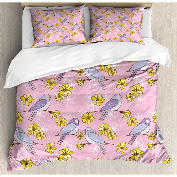 Spring Duvet Cover Set, Swallow Birds Sitting on Flowering Tree Branches Pastel Toned Pattern, Decorative 3 Piece Bedding Set with 2 Pillow Shams, Calking Size, Pale Pink Mustard Lilac, by Ambesonne