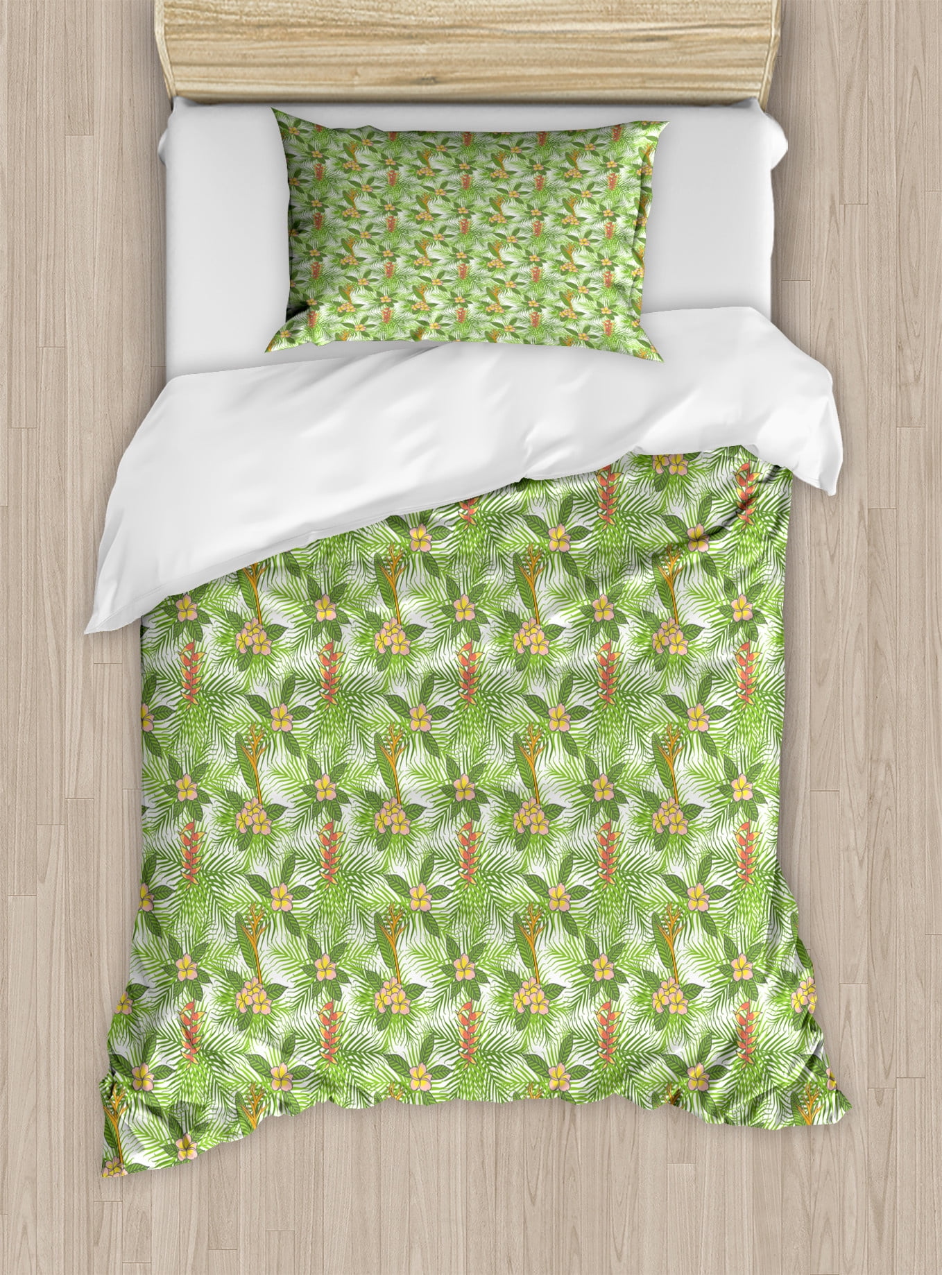 Spring Duvet Cover Set, Tropical Palm Leaves with Hibiscus Flowers ...