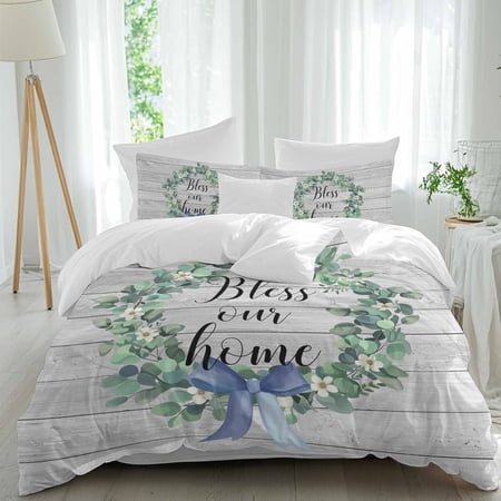 Spring Duvet Cover Set Twin Size, Eucalyptus Leaves Garland Bless Our Home Wood Grain 4 Piece Bedding Set with Zipper Closure & Corner Ties Soft Breathable Comforter Cover for Bedroom