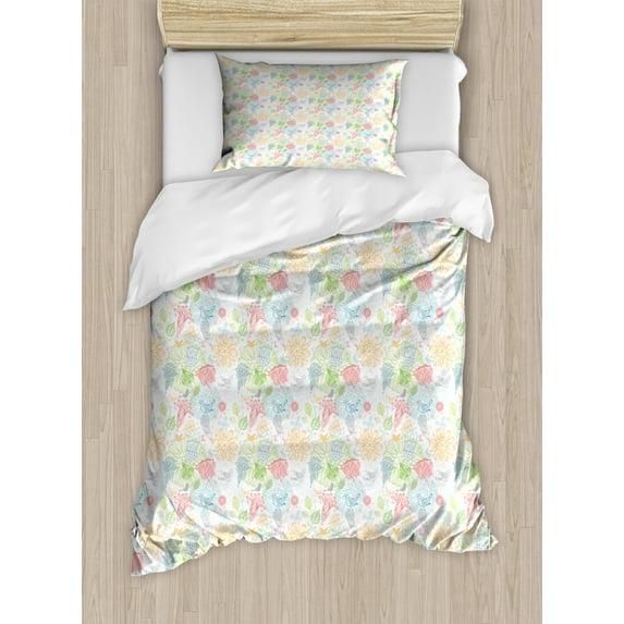 Spring Duvet Cover Set Twin Size, Ornamental Composition of Nature with Birds and Flower Outline Style Composition, Decorative 2 Piece Bedding Set with 1 Pillow Sham, Multicolor, by Ambesonne