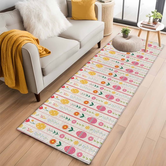 Spring Easter 2'x6' Runner Rugs for Hallway Kitchen Bedside Non Slip Washable, Pink Yellow Vintage Eggs Floral Botanical Entryway Rug Runners with Rubber Backing, Long Carpet Runner for Laundry Room