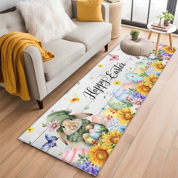 Spring Easter 2'x6' Runner Rugs for Hallway Kitchen Bedside Non Slip, Watercolor Floral Rabbits Eggs Butterflies Wood Entryway Rug Runners with Rubber Backing, Long Carpet Runner for Laundry Room