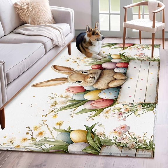 Spring Easter Area Rug 4x6 Washable Rug Non Slip Colorful Eggs Botanical Bunny Large Area Rug Indoor Floor Carpet for Entryway Bedroom Kitchen Living Room Home Office Dining Room Nursery