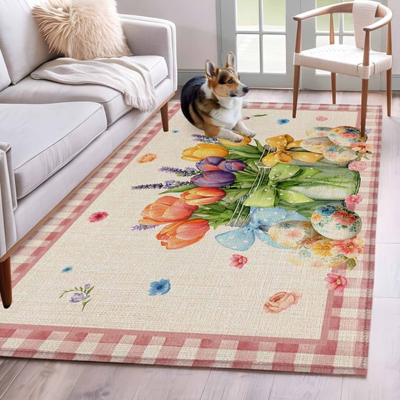 Spring Easter Area Rugs 4'x6', Washable Small Throw Rugs for Office Bathroom, Colorful Tulip Floral Eggs Pink Plaid Rustic Indoor Outdoor Rug Non-Slip Low Pile Carpet Runner Reversible Floor Mats