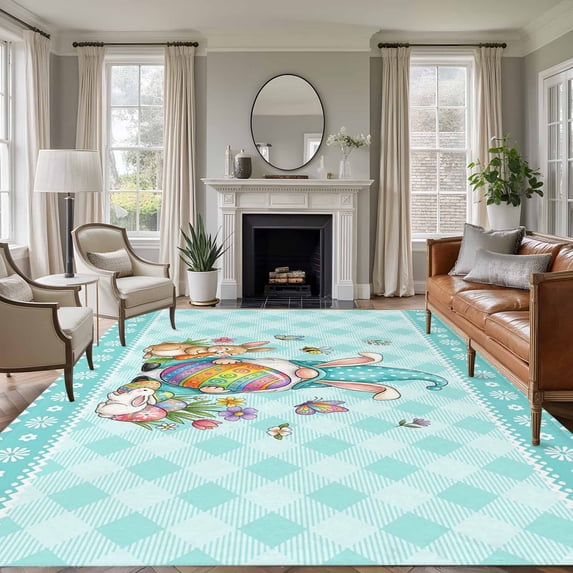 Spring Easter Area Rugs 5'x8', Small Throw Rugs for Classroom Bedroom, Cute Rabbits Gnomes Eggs Bees Flowers Blue Green Indoor Outdoor Rug Non-Slip Low Pile Carpet Runner Reversible Floor Mats