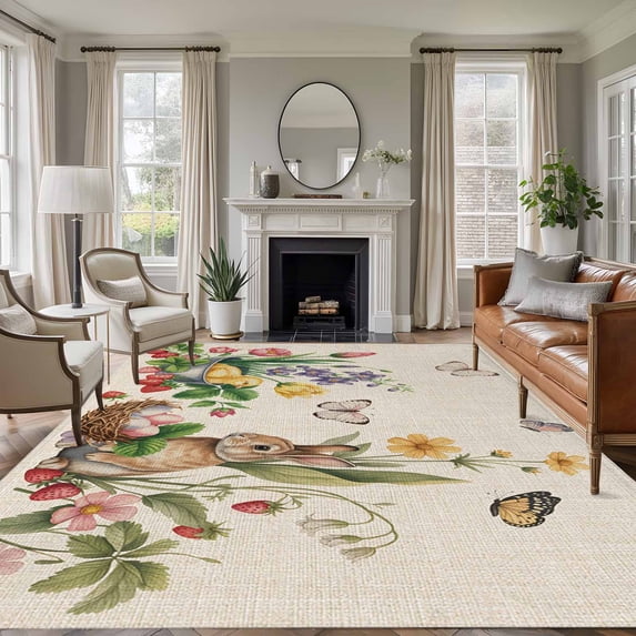 Spring Easter Area Rugs 6'x9', Small Throw Rugs for Kitchen Dining room, Country Bunny Chick Floral Butterflies Burlap Indoor Outdoor Rug Non-Slip Low Pile Carpet Runner Reversible Floor Mats