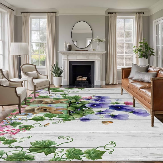 Spring Easter Area Rugs 6'x9', Washable Small Throw Rugs for Kitchen Dining room, Purple Floral Summer Botanical Vintage Indoor Outdoor Rug Non-Slip Low Pile Carpet Runner Reversible Floor Mats
